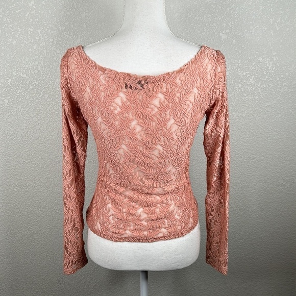 Dona Jean Pink 90s Y2K Lace Sheer Cropped Long Sleeve Top Size Medium - Picture 4 of 5